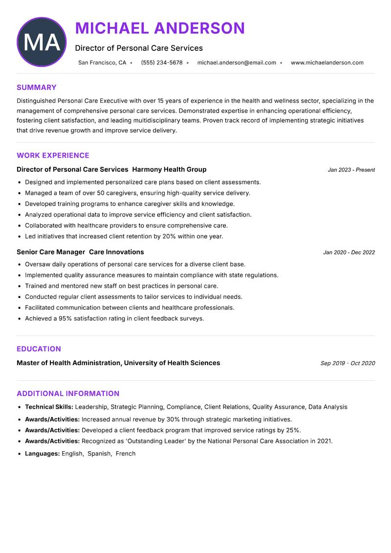 Personal Care Executive Resume Preview Example