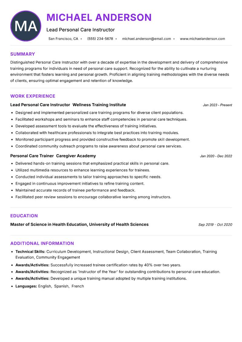 Personal Care Instructor Resume Preview Example