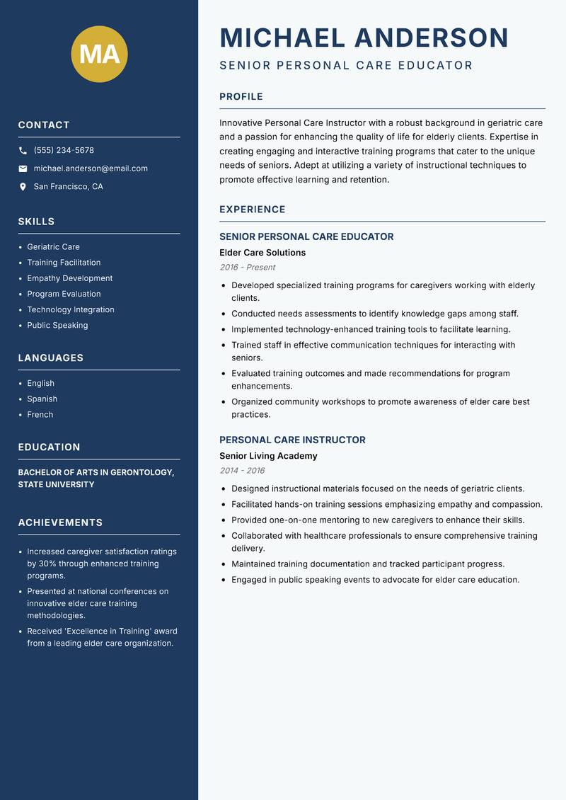 Personal Care Instructor Resume Preview Example