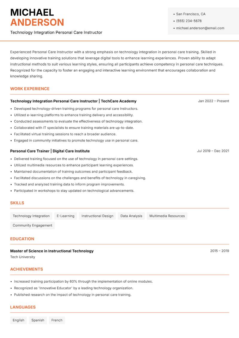 Personal Care Instructor Resume Template