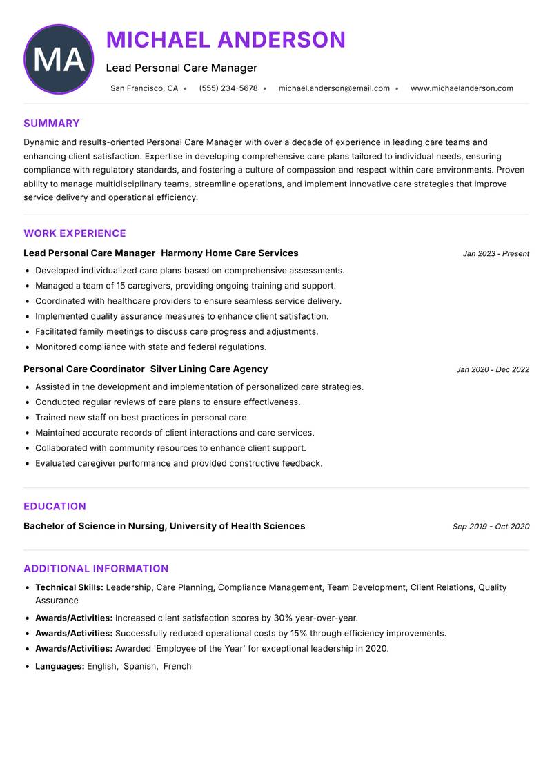 Personal Care Manager Resume Preview Example