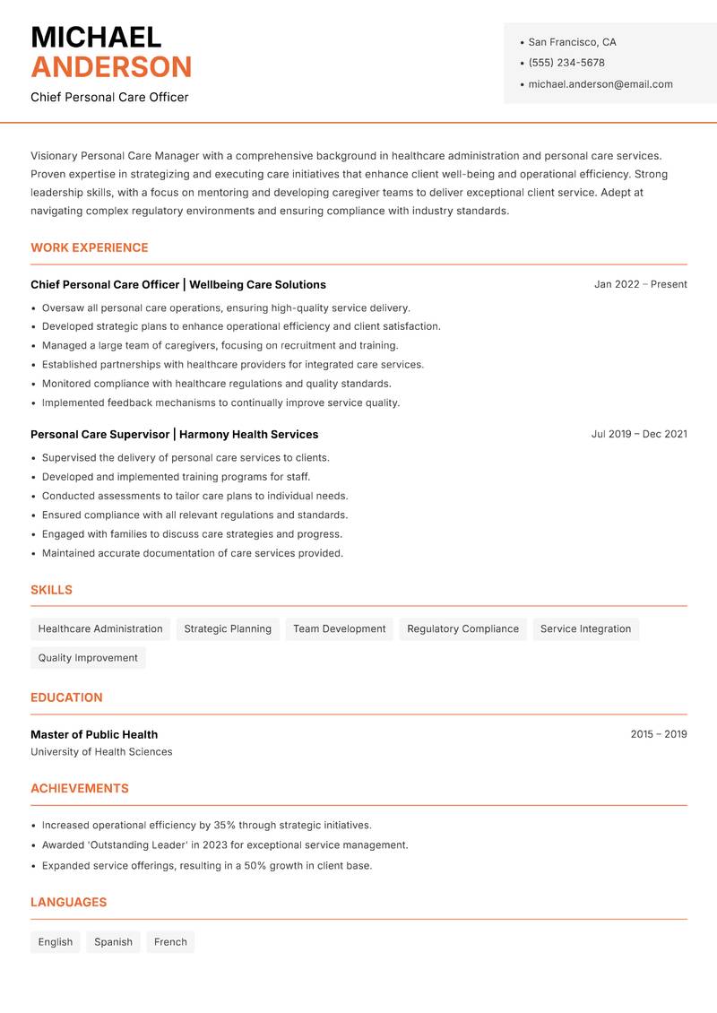 Personal Care Manager Resume Template