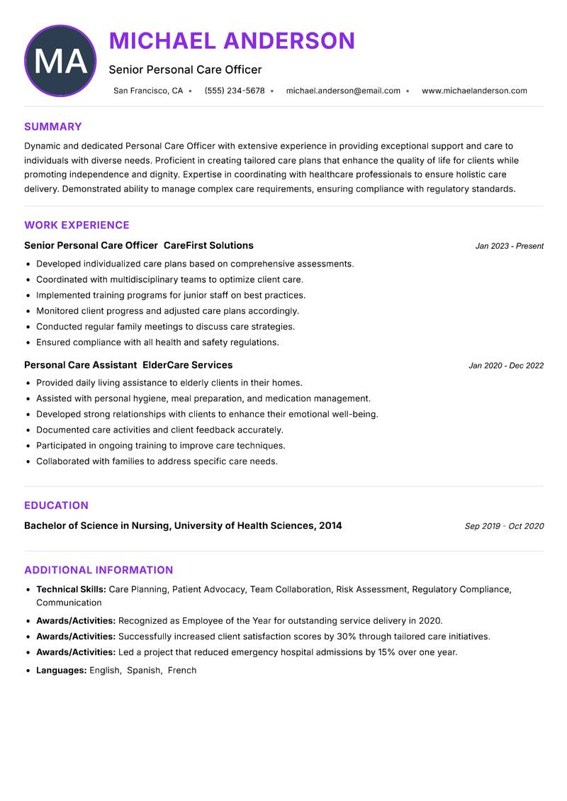Personal Care Officer Resume Preview Example