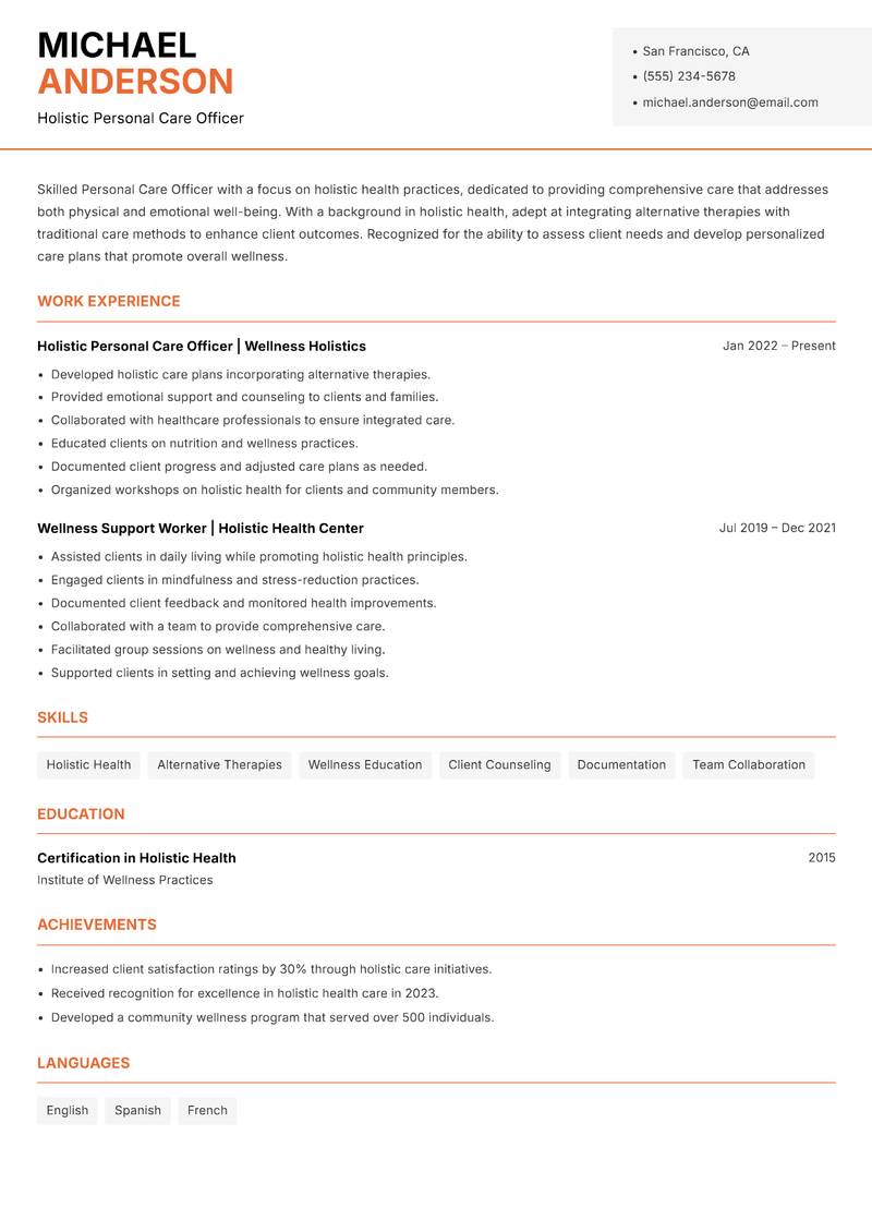 Personal Care Officer Resume Template