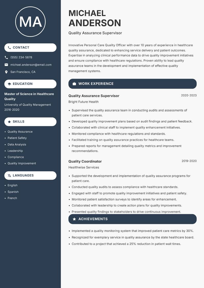 Personal Care Quality Officer Resume Preview Example