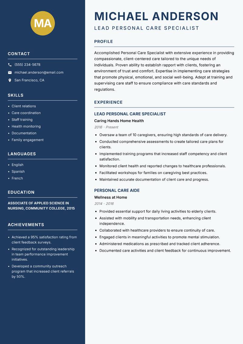 Personal Care Specialist Resume Preview Example