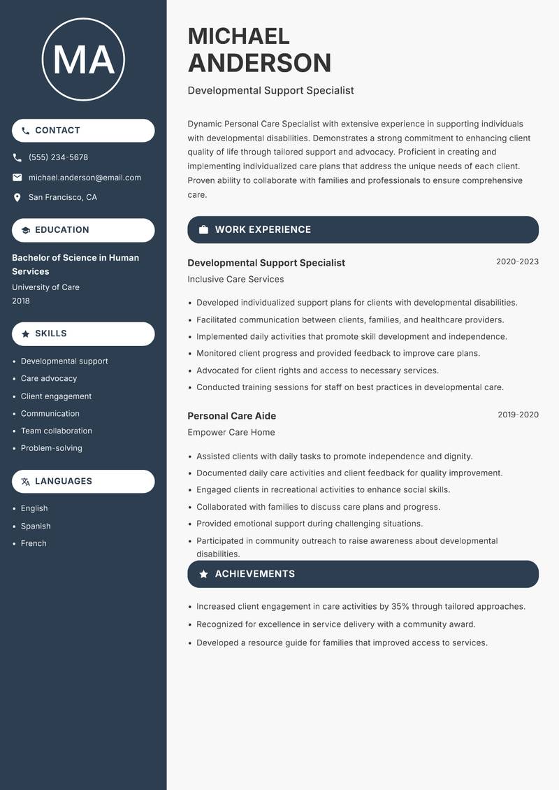 Personal Care Specialist Resume Preview Example