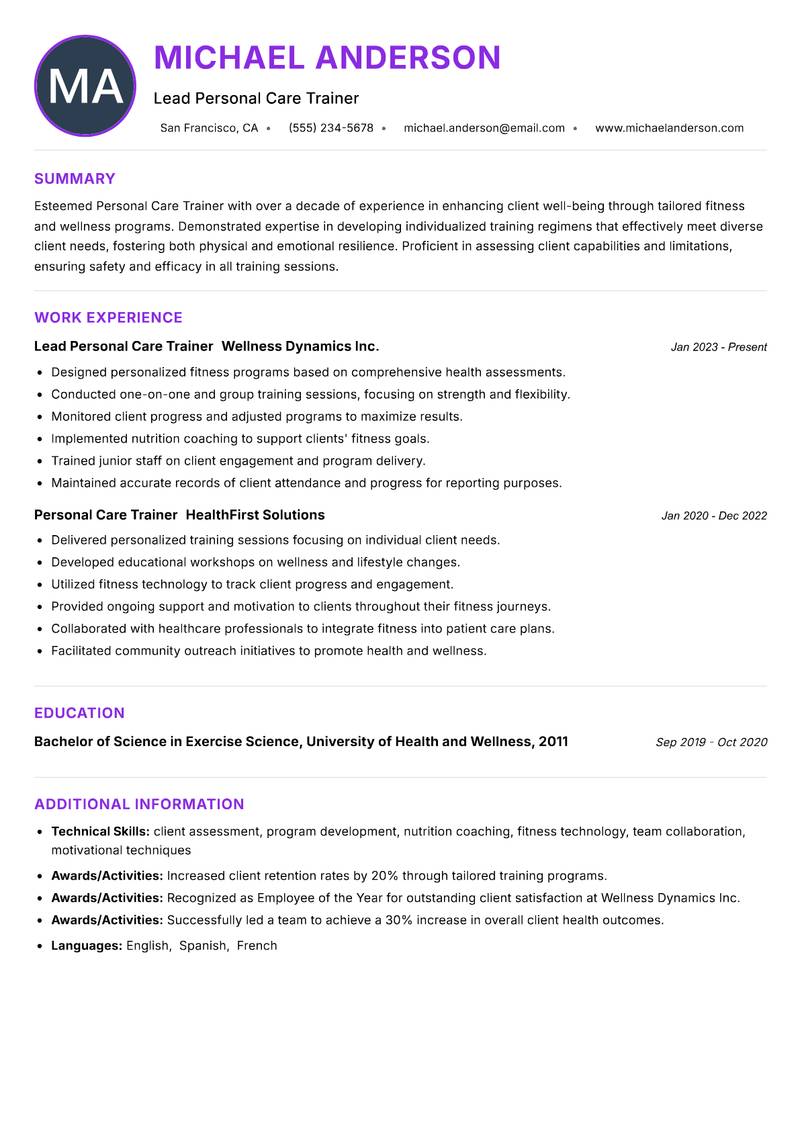 Personal Care Trainer Resume Preview Example
