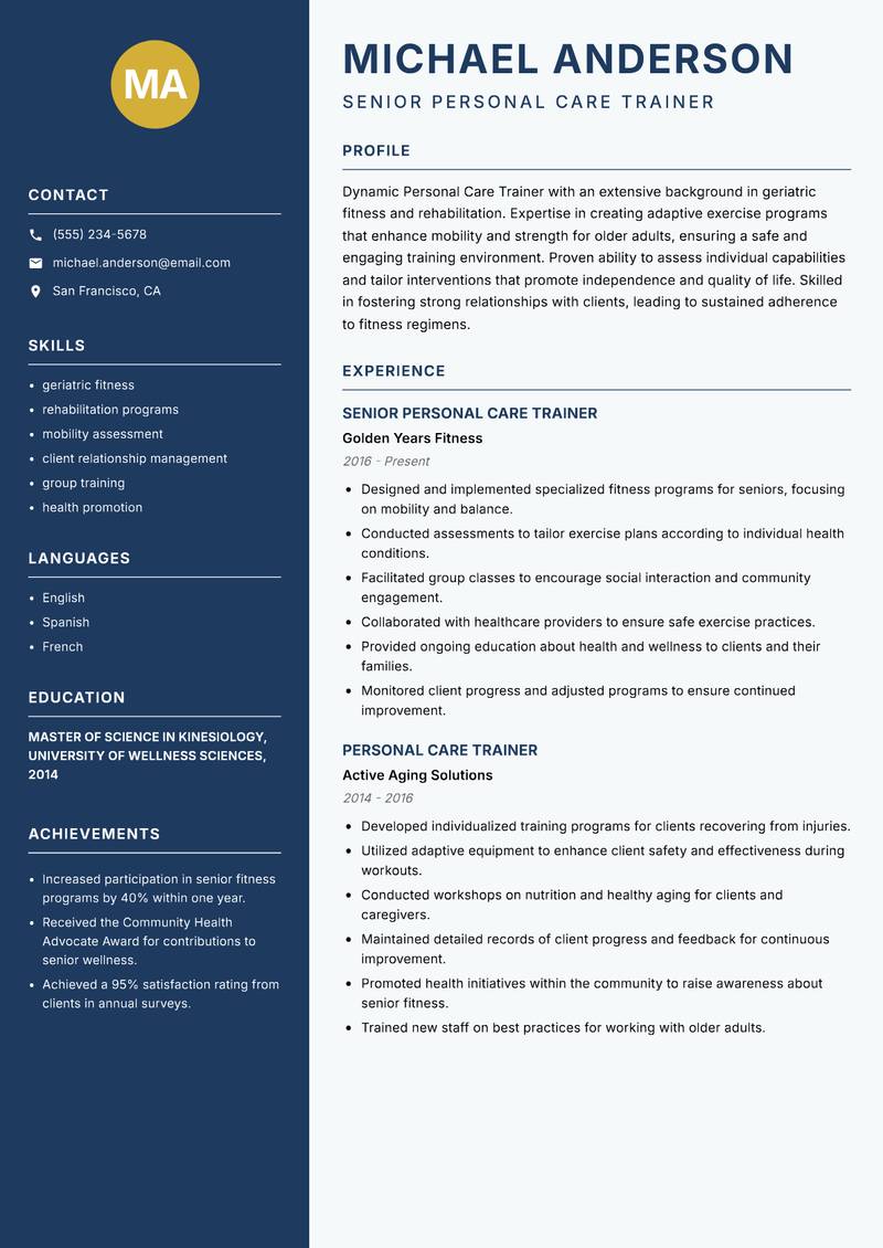 Personal Care Trainer Resume Preview Example