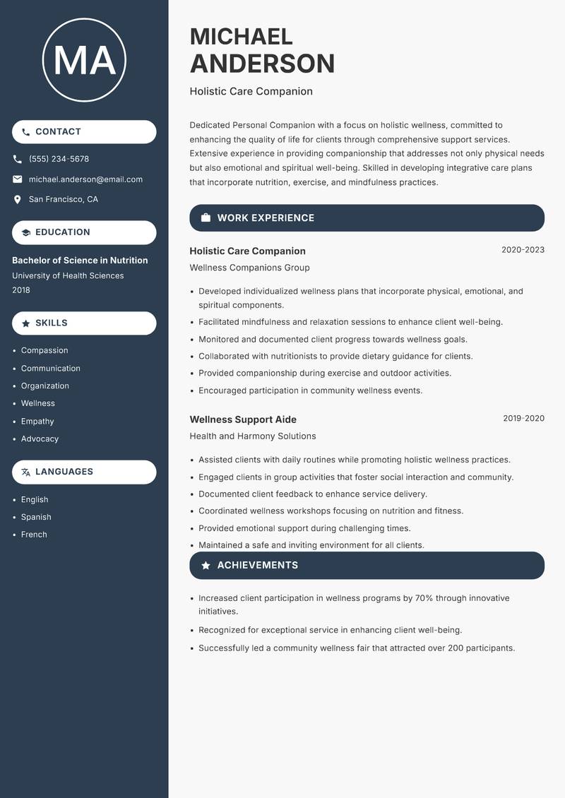 Personal Companion Resume Preview Example