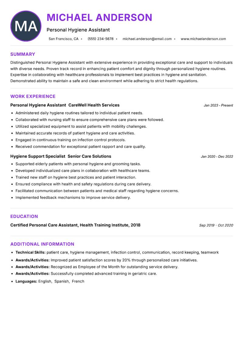 Personal Hygiene Assistant Resume Preview Example