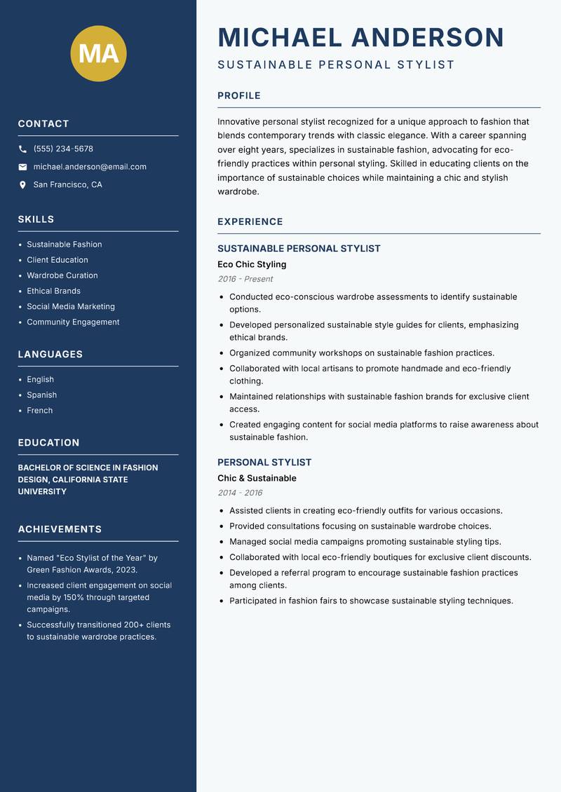 Personal Stylist Resume Preview Example