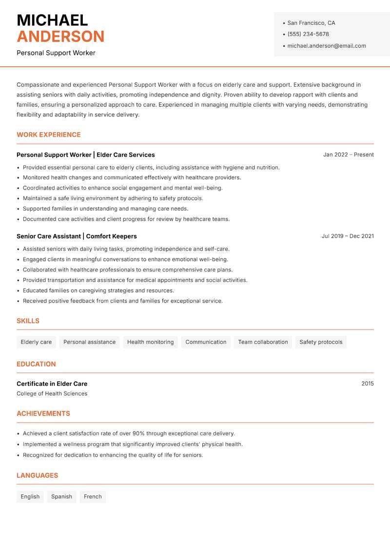 Personal Support Worker Resume Template
