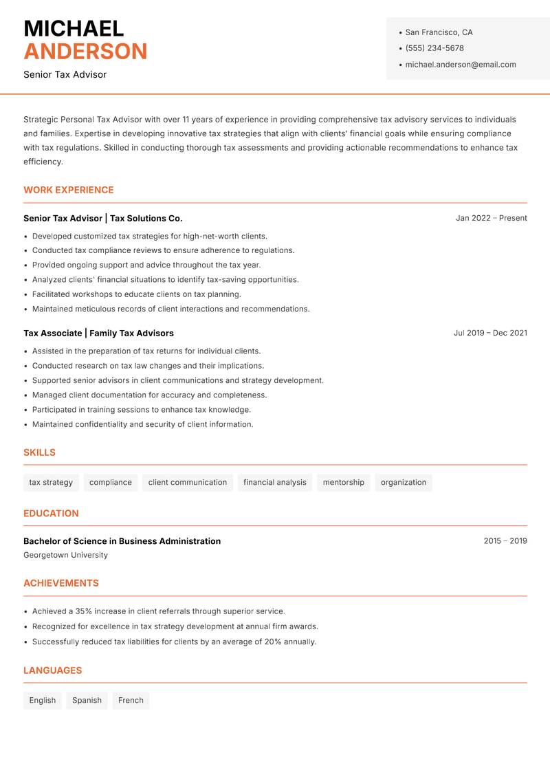 Personal Tax Advisor Resume Template