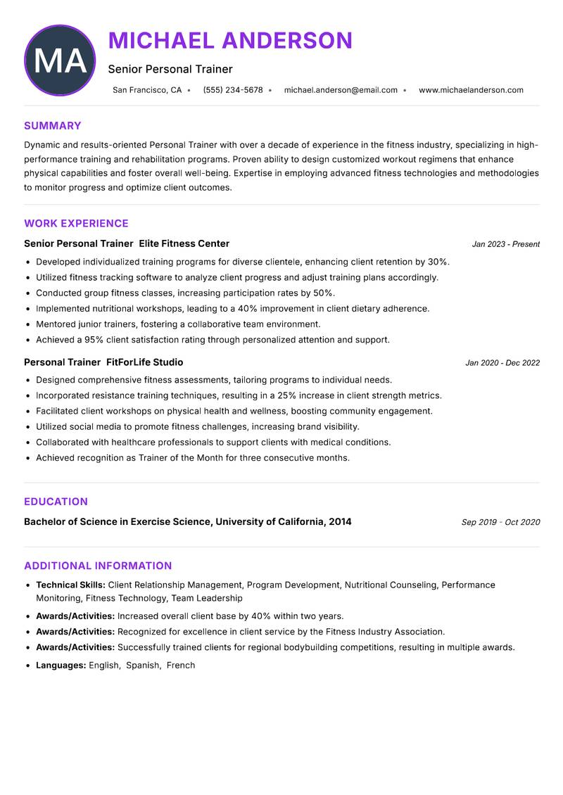 Personal Trainer Resume Preview Example