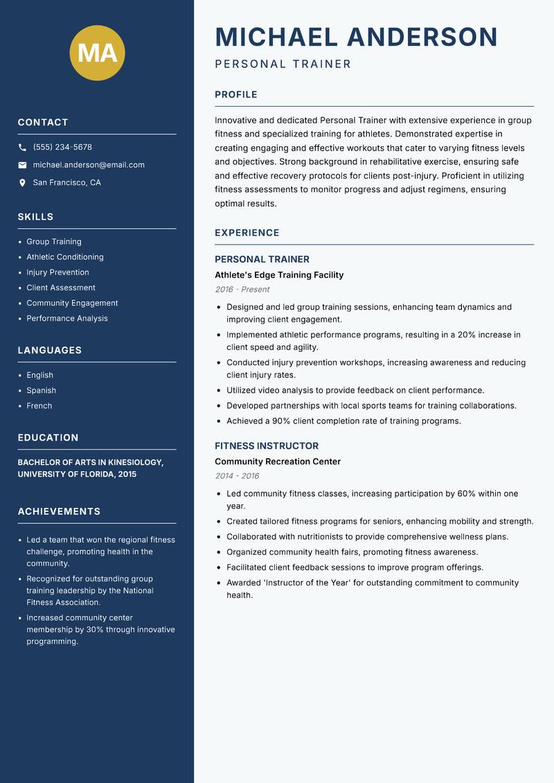 Personal Trainer Resume Preview Example