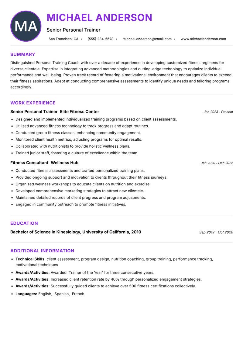 Personal Training Coach Resume Preview Example
