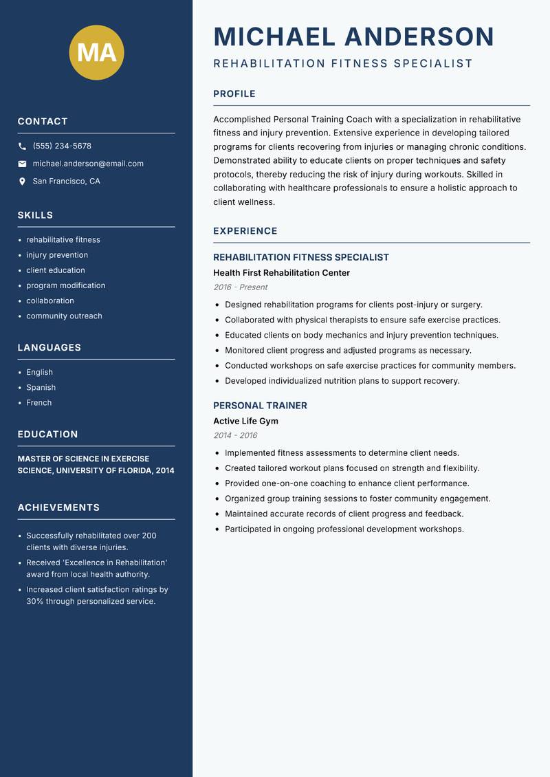 Personal Training Coach Resume Preview Example