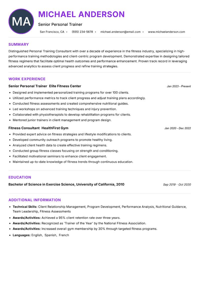 Personal Training Consultant Resume Preview Example