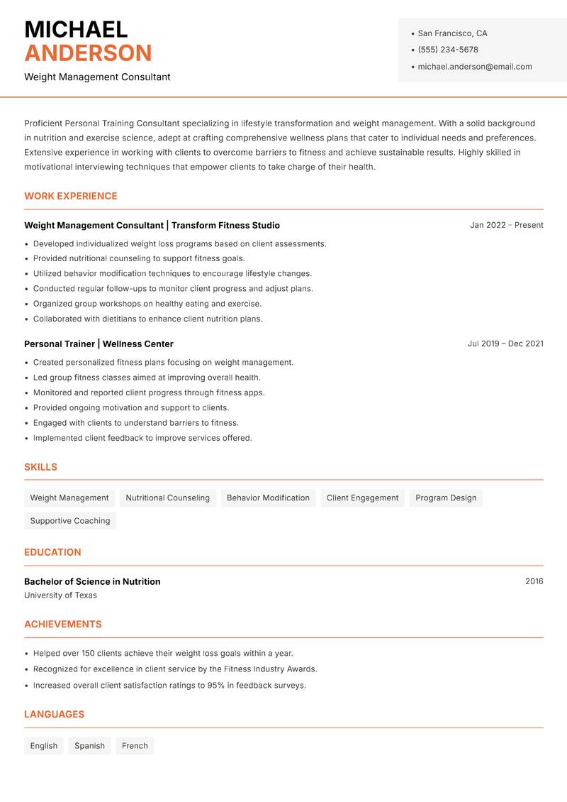 Personal Training Consultant Resume Template