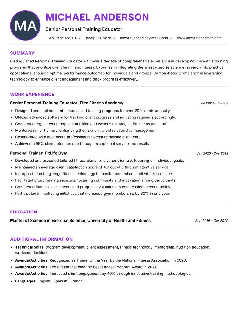 Personal Training Educator Resume Preview Example