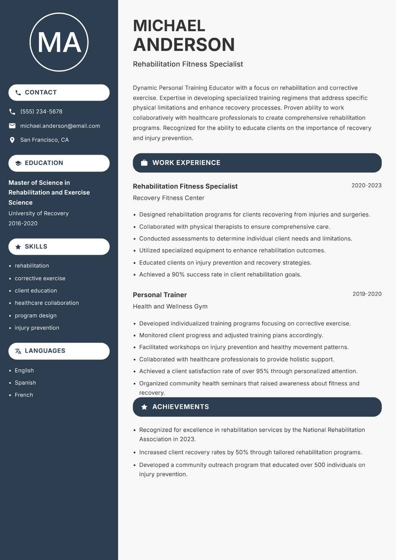 Personal Training Educator Resume Preview Example