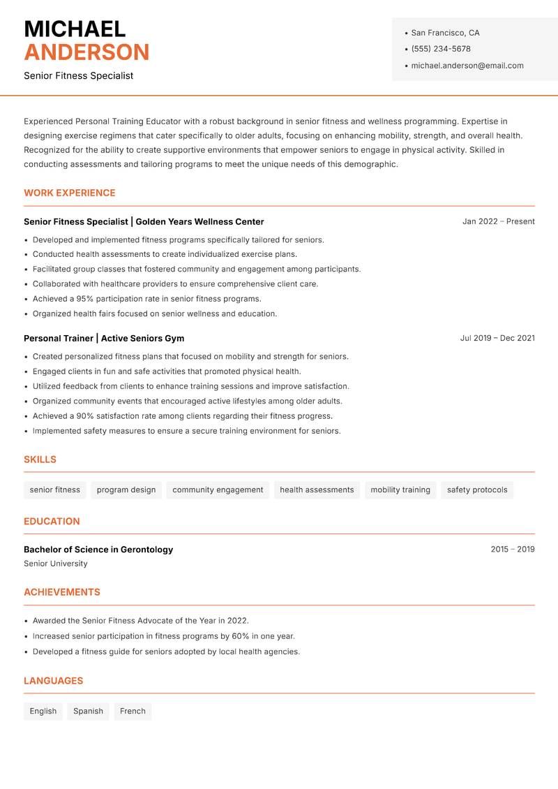 Personal Training Educator Resume Template