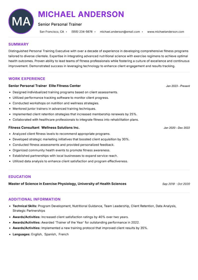 Personal Training Executive Resume Preview Example