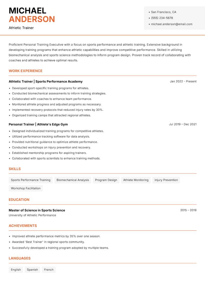 Personal Training Executive Resume Template