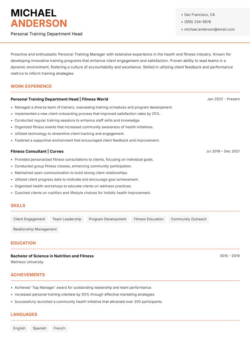 Personal Training Manager Resume Template