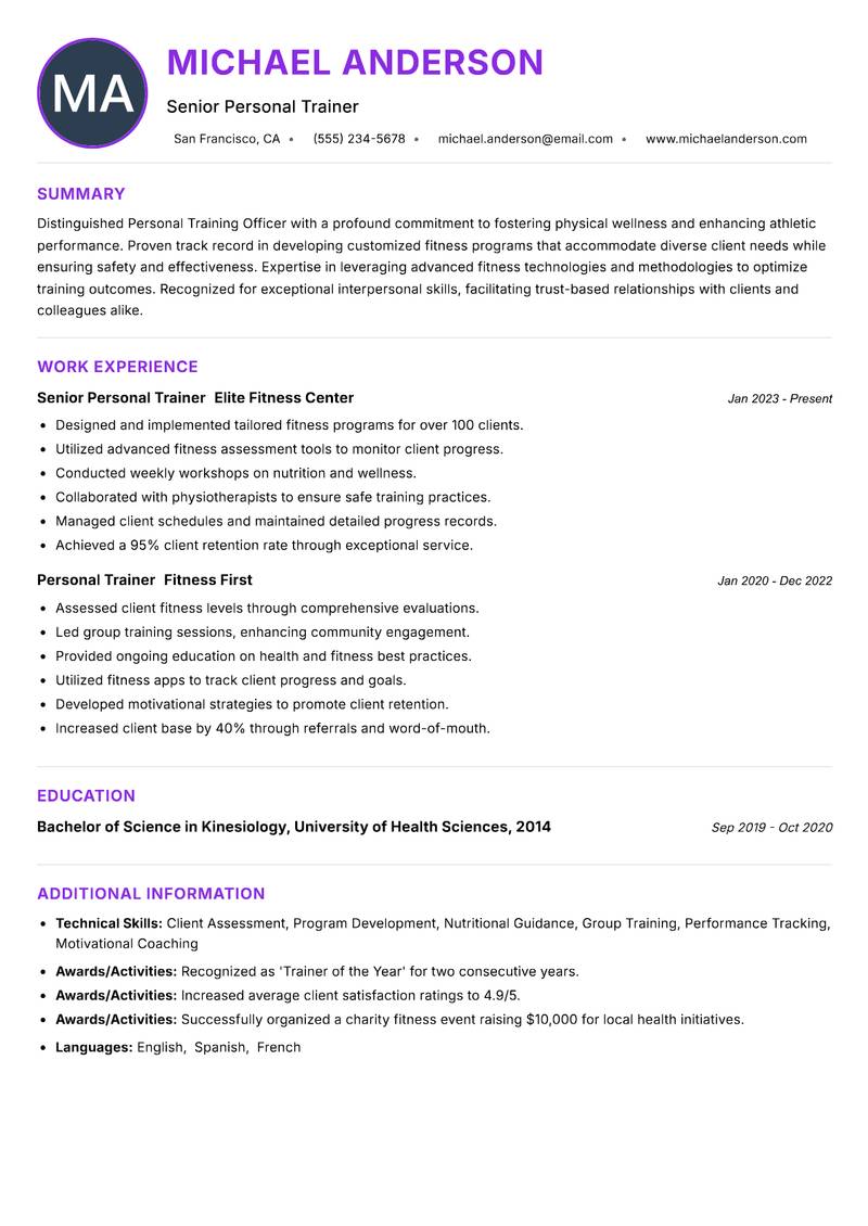 Personal Training Officer Resume Preview Example