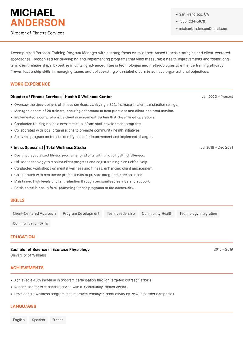 Personal Training Program Manager Resume Template