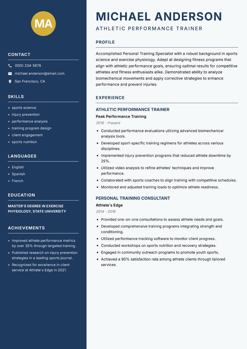 Personal Training Specialist Resume Preview Example