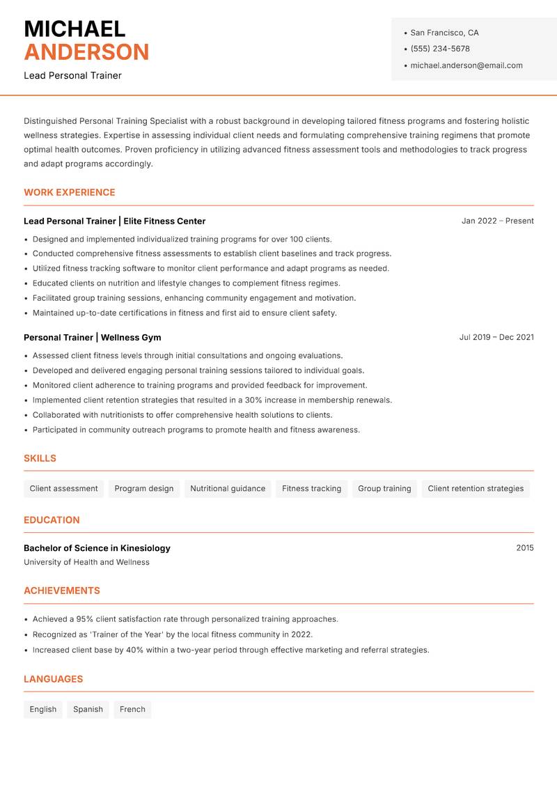 Personal Training Specialist Resume Template