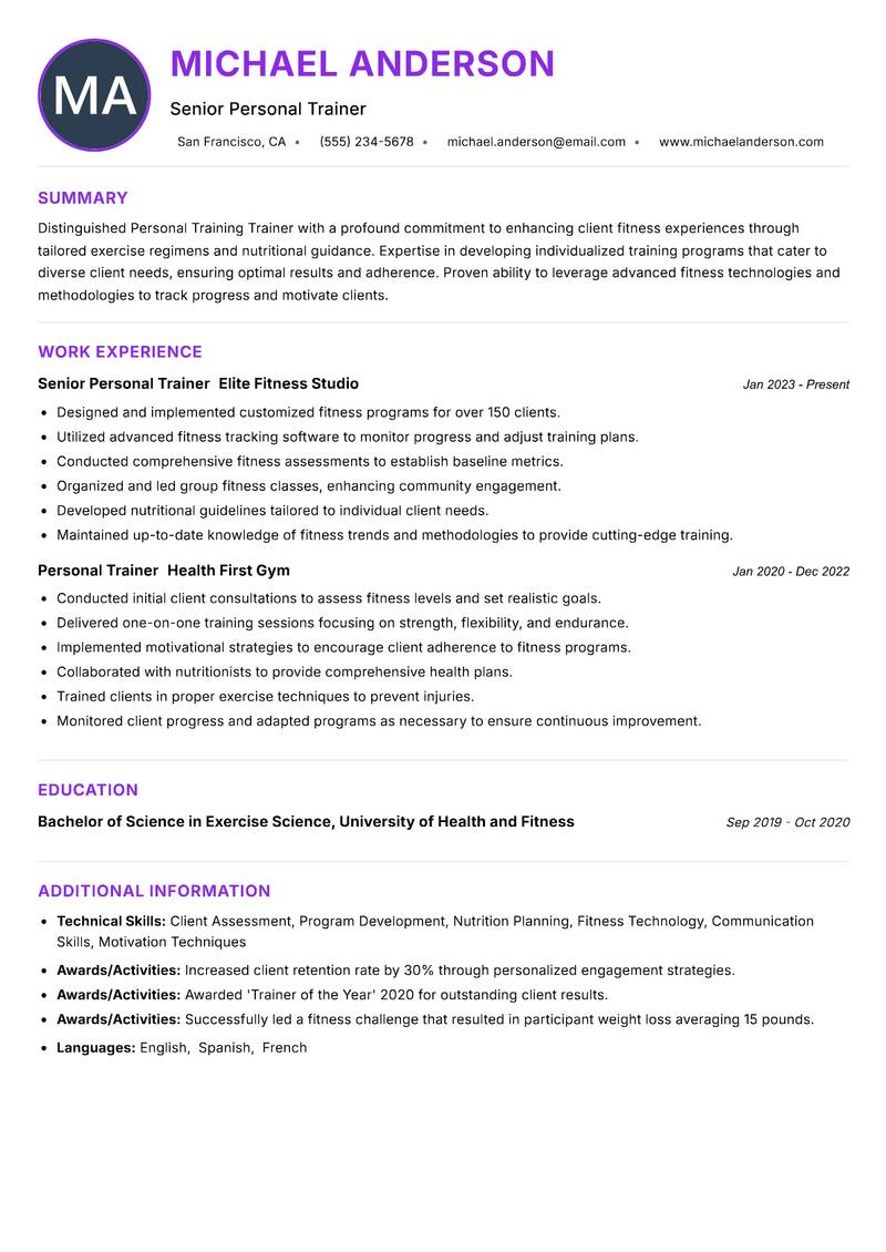 Personal Training Trainer Resume Preview Example