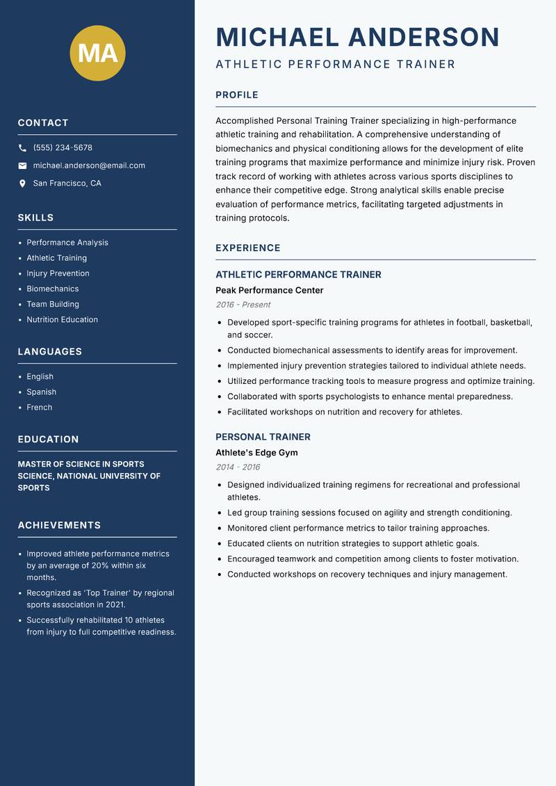 Personal Training Trainer Resume Preview Example