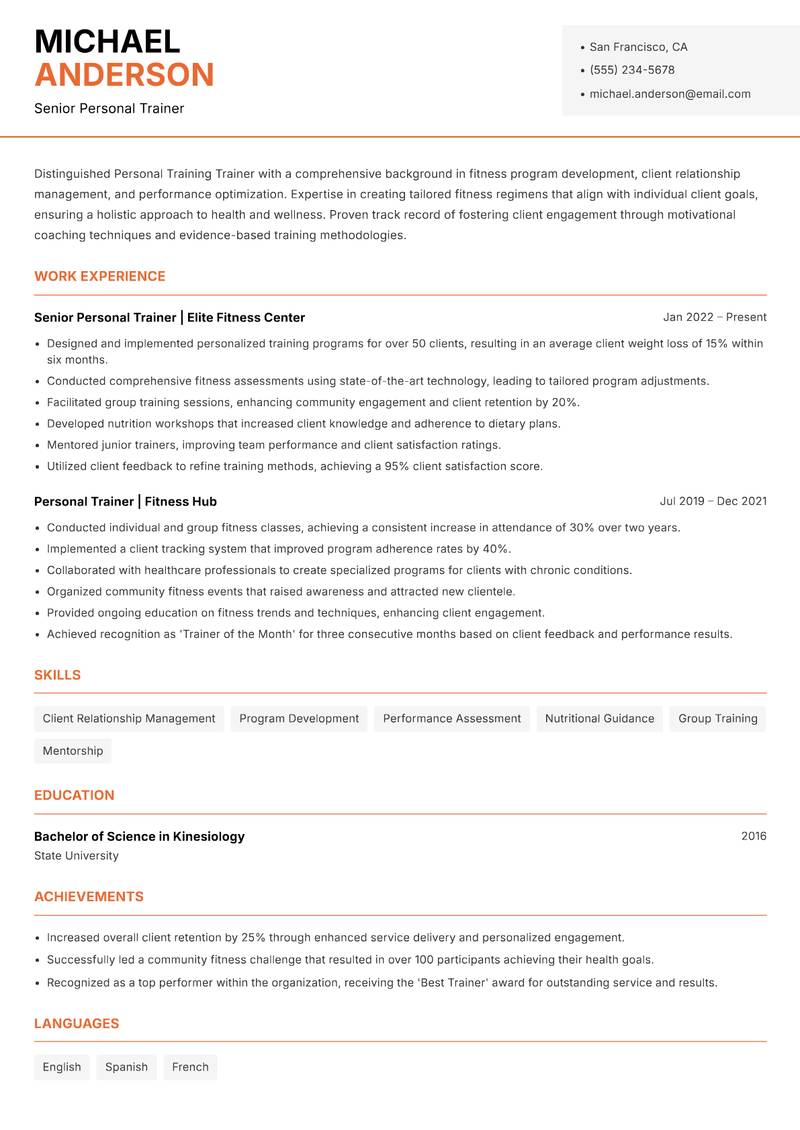 Personal Training Trainer Resume Template