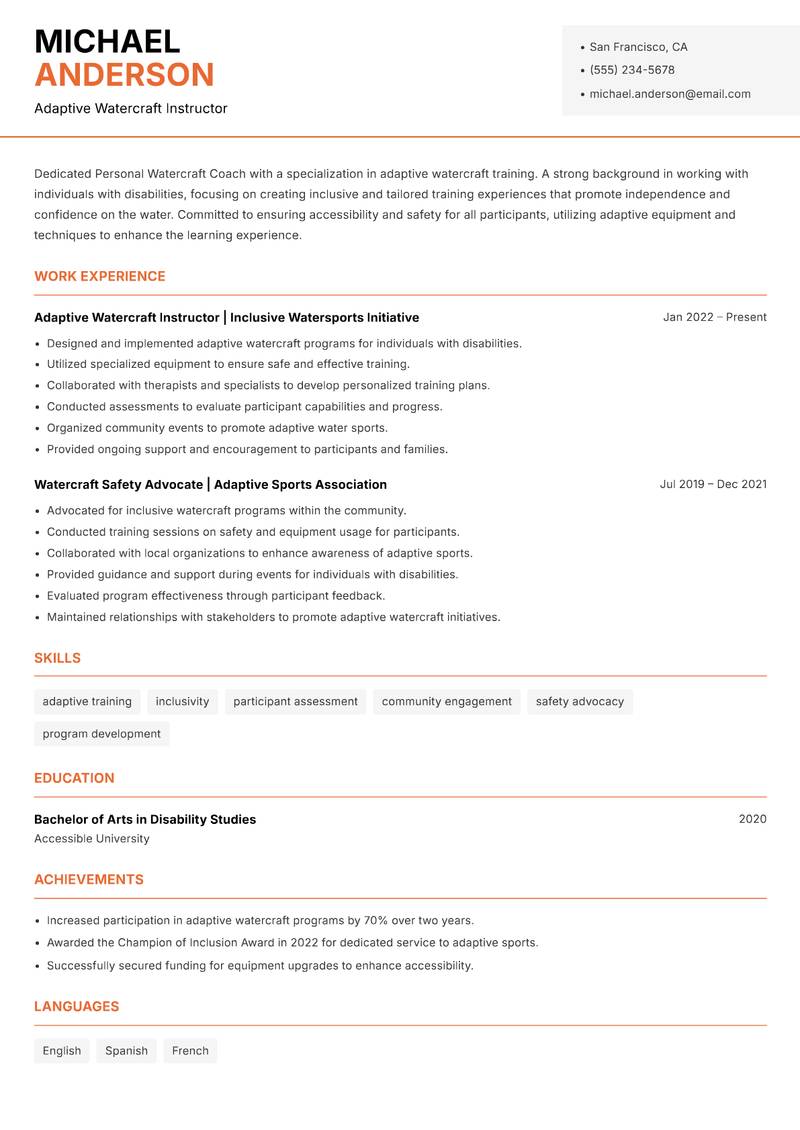 Personal Watercraft Coach Resume Template