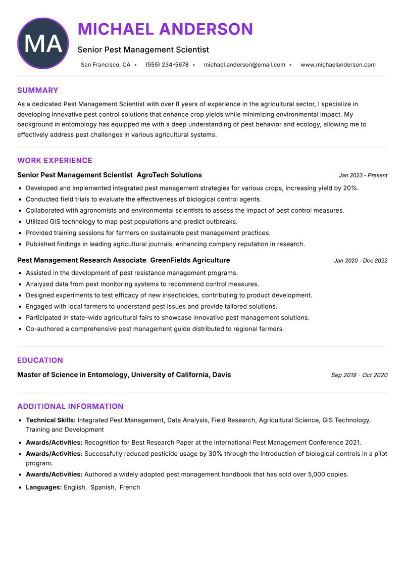 Pest Management Scientist Resume Preview Example