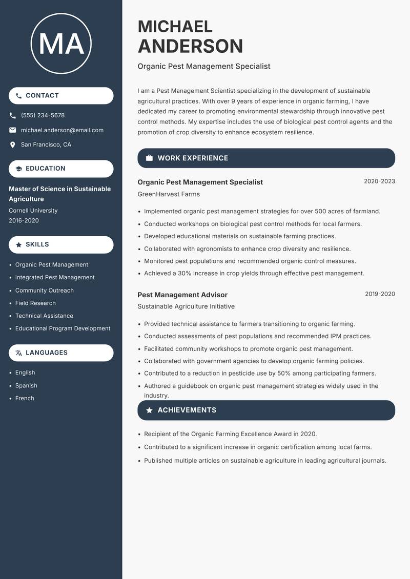 Pest Management Scientist Resume Preview Example