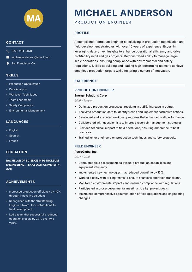 Petroleum Engineer Resume Preview Example