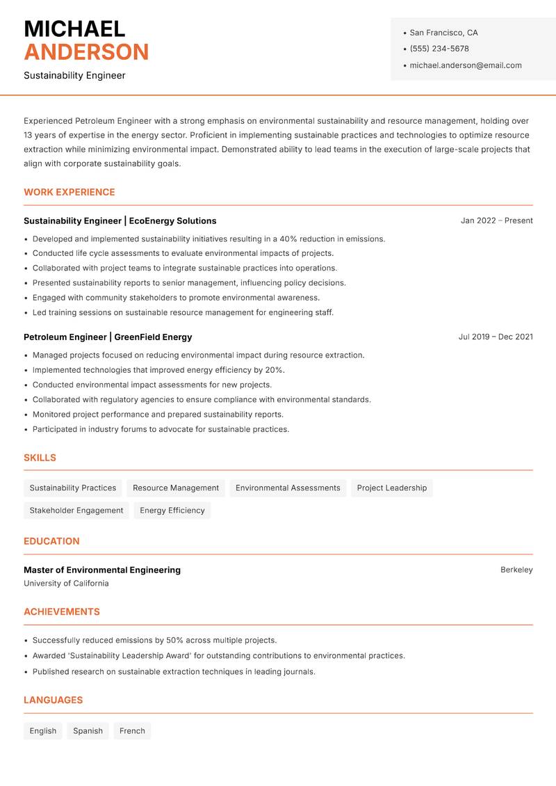 Petroleum Engineer Resume Template