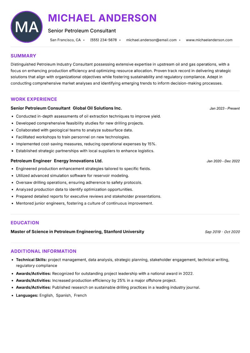 Petroleum Industry Consultant Resume Preview Example