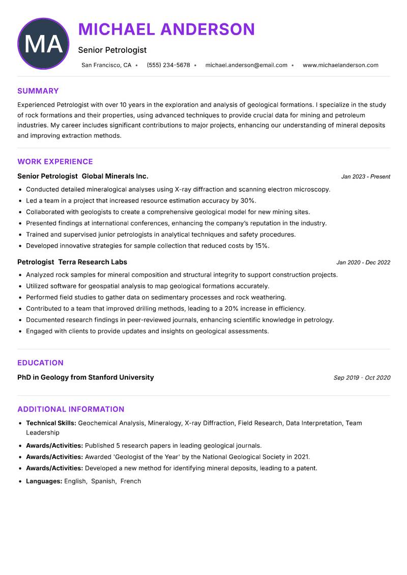 Petrologist Resume Preview Example