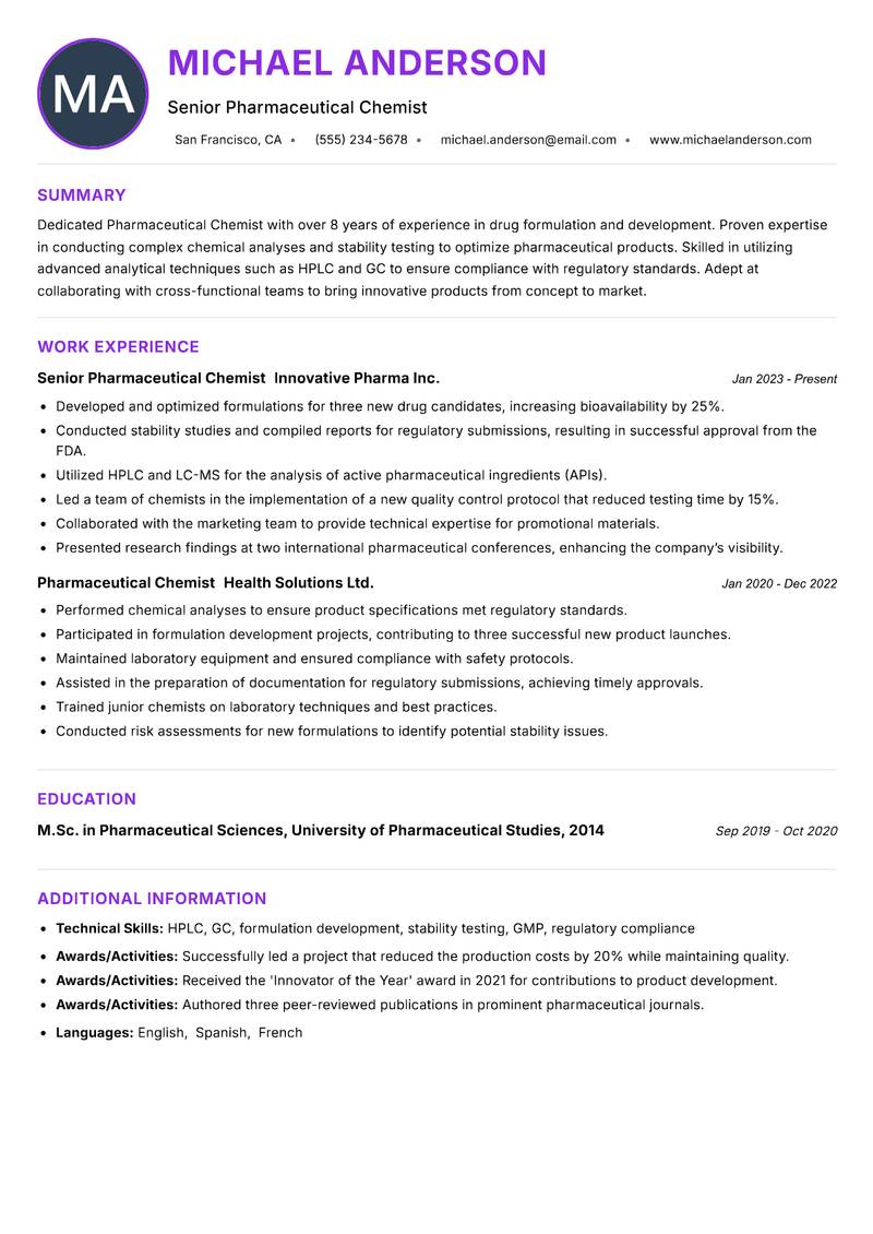 Pharmaceutical Chemist Resume Preview Example