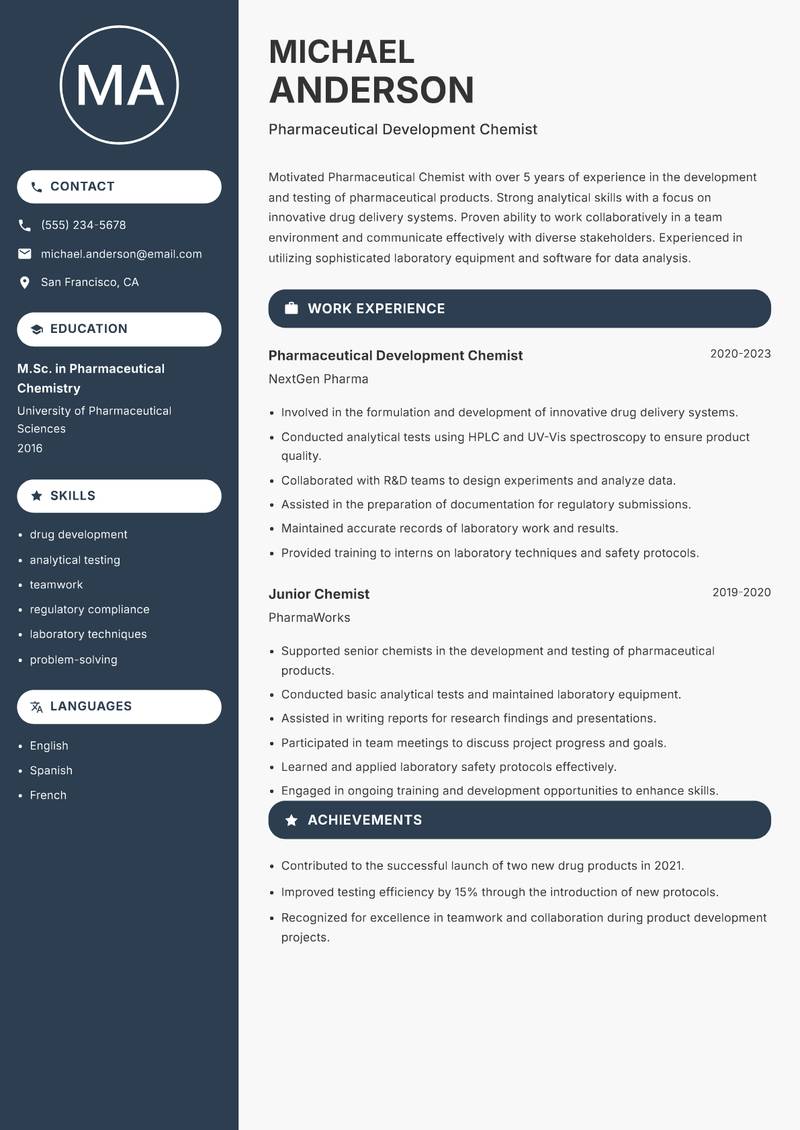 Pharmaceutical Chemist Resume Preview Example