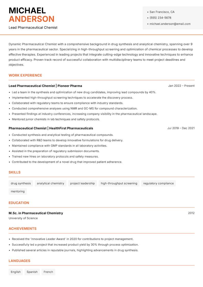 Pharmaceutical Chemist Resume Template
