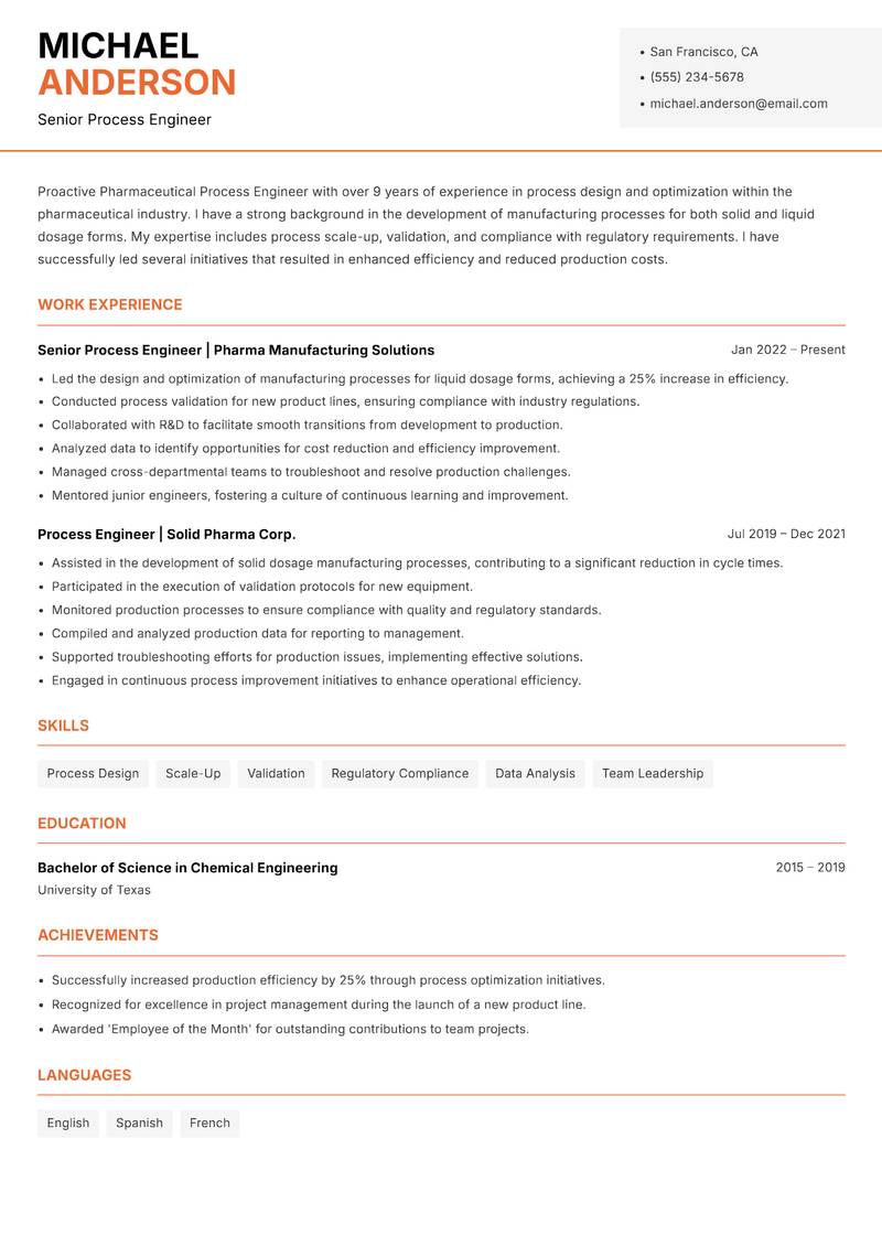 Pharmaceutical Process Engineer Resume Template