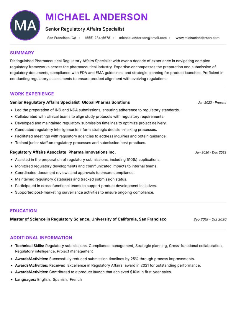 Pharmaceutical Regulatory Affairs Specialist Resume Preview Example