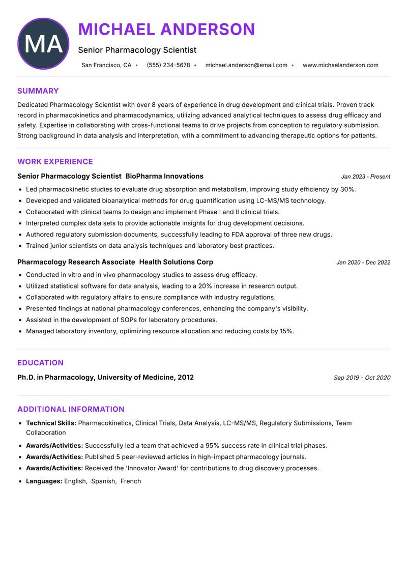 Pharmacology Scientist Resume Preview Example